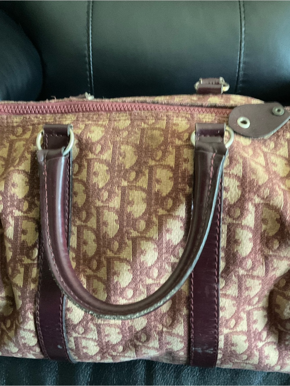 Dior Burgundy and Cream Monogram Satchel - Picture 3 of 5